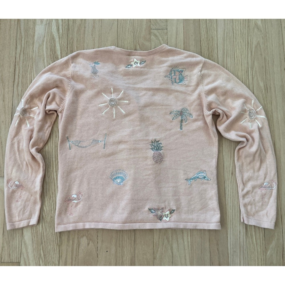 90s Robert Scott Peach Tropical Embroidered V-Neck Cardigan Sweater Beach Summer - Picture 11 of 11